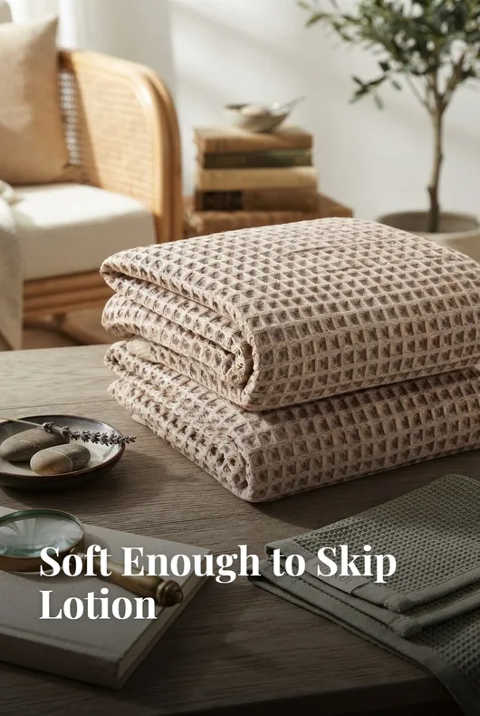 Stack of soft neutral waffle towels