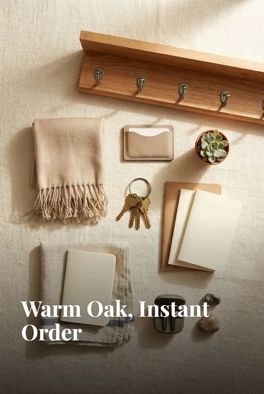 Warm oak shelf and organized entryway essentials