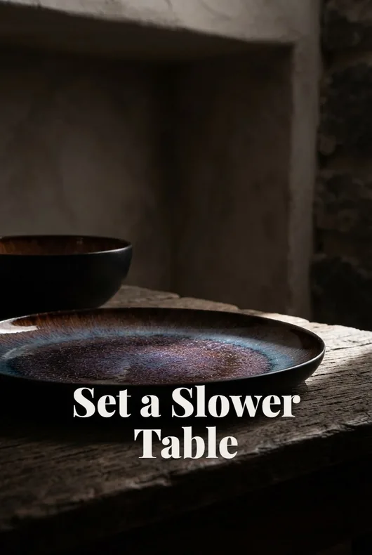 Stoneware plate on a rustic table