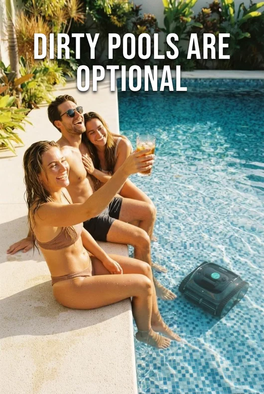 Three friends beside a swimming pool with a robotic pool cleaner