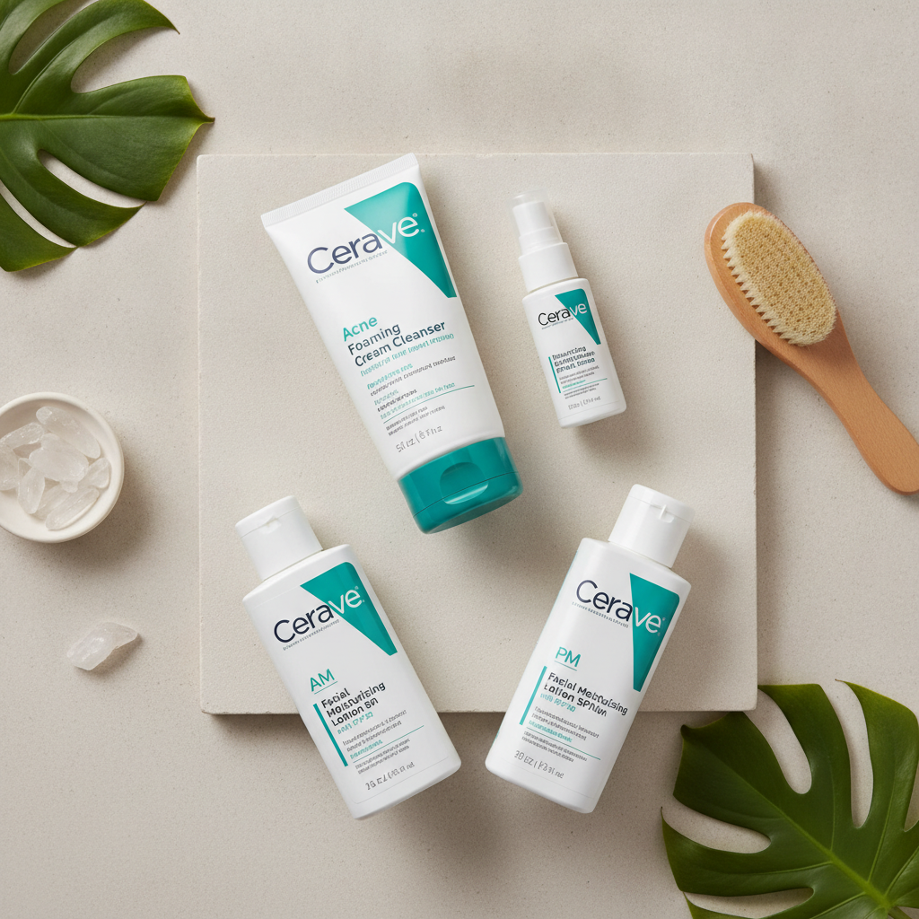 CeraVe skincare set arranged on a stone tile with monstera leaves
