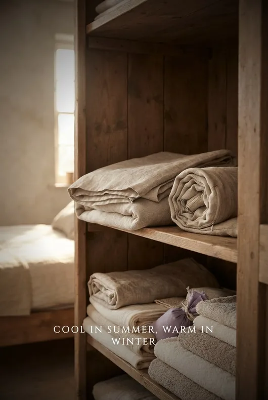 Folded linen bedding that stays cool in summer and warm in winter