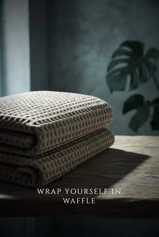 Folded waffle towels in dramatic light