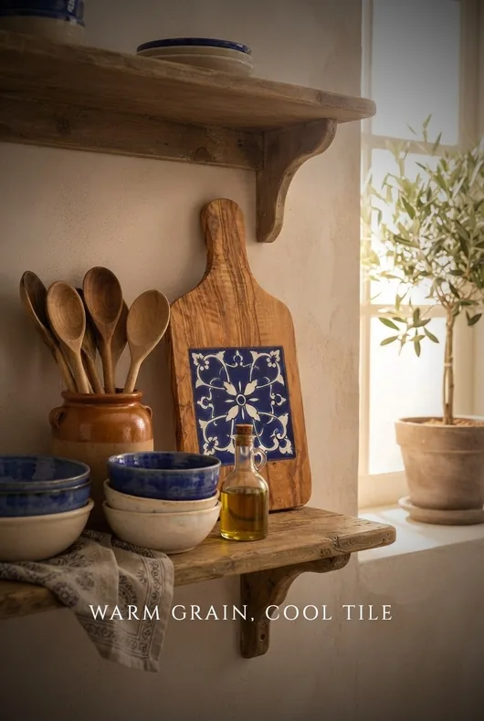 Olive wood board in a warm kitchen