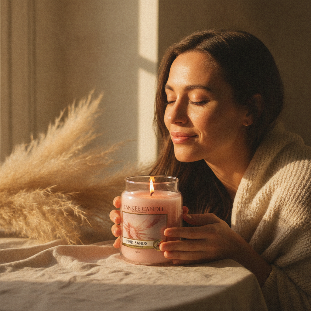 Woman cradling a lit Yankee Candle in warm afternoon light