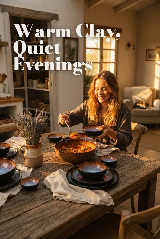 Stoneware dinnerware at a warm evening meal