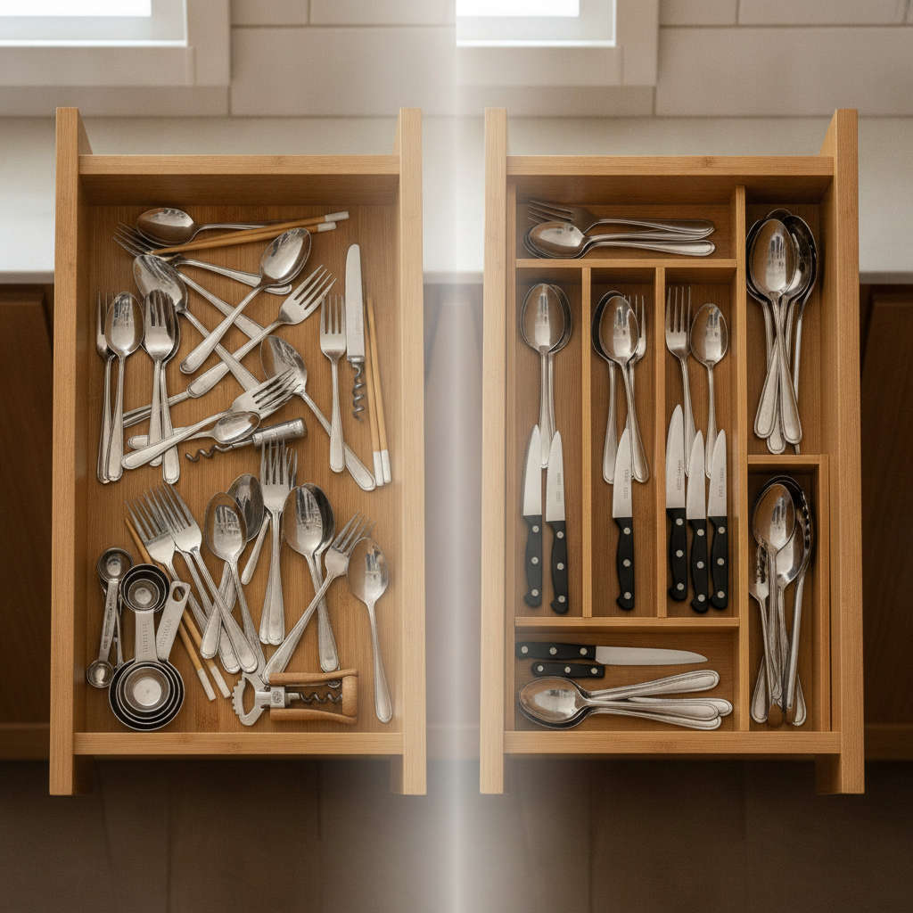 Cluttered silverware drawer beside the same drawer organized with a bamboo expandable tray