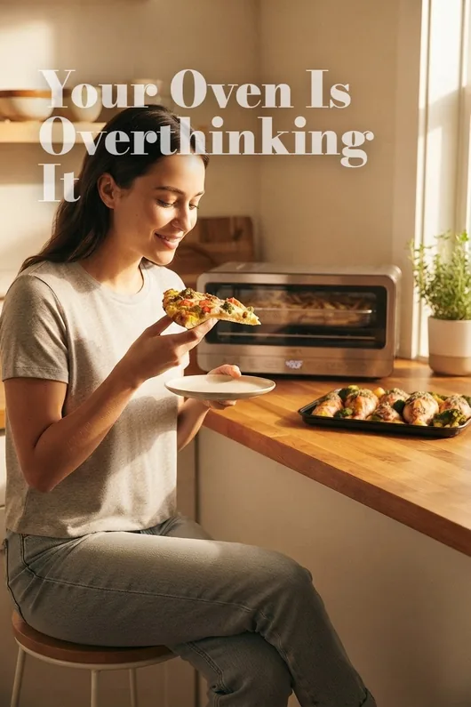 Pinterest pin generated by Pinstark for a countertop air fryer oven, with the editorial text overlay "Your Oven Is Overthinking It"